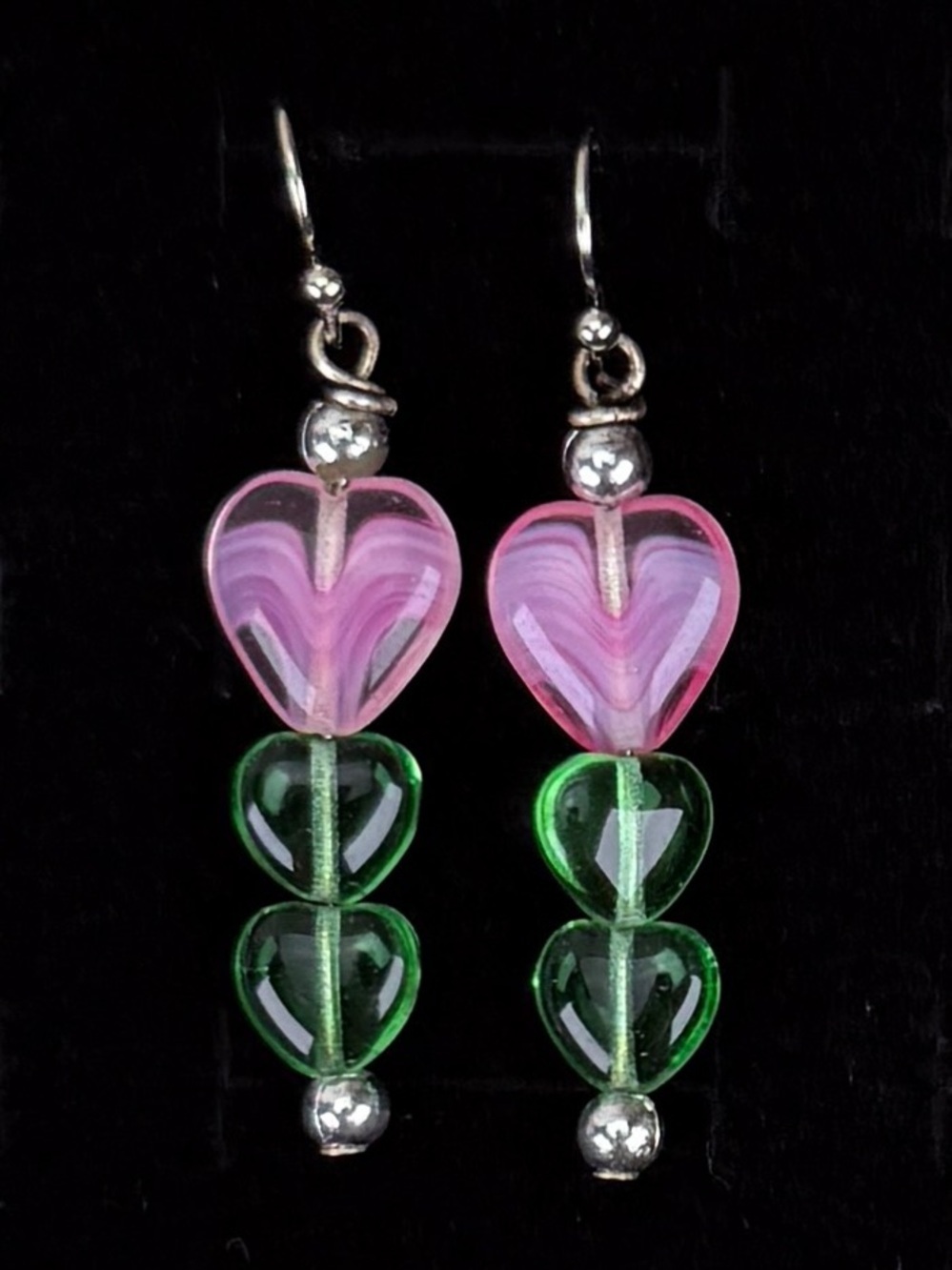 Vintage Pink & Green Heart Bead Pierced Drop Earrings